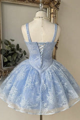 Princess Light Blue Lace Corset A-Line Homecoming Dress with Floral Tulle Skirt