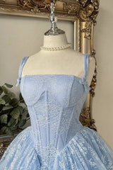 Princess Light Blue Lace Corset A-Line Homecoming Dress with Floral Tulle Skirt
