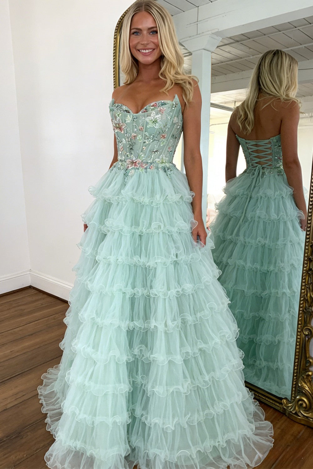 Furlla Women Princess Mint Green Tiered Tulle Prom Dress with Floral