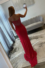 Red Beaded Mermaid Prom Dress with Plunging V-Neck and High Slit