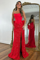 Red Lace Formal Gown with Structured Corset Bodice and Statement Bow