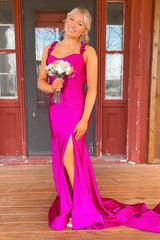 Red Satin Mermaid Prom Dress with Floral Strap Detailing and High Leg Slit