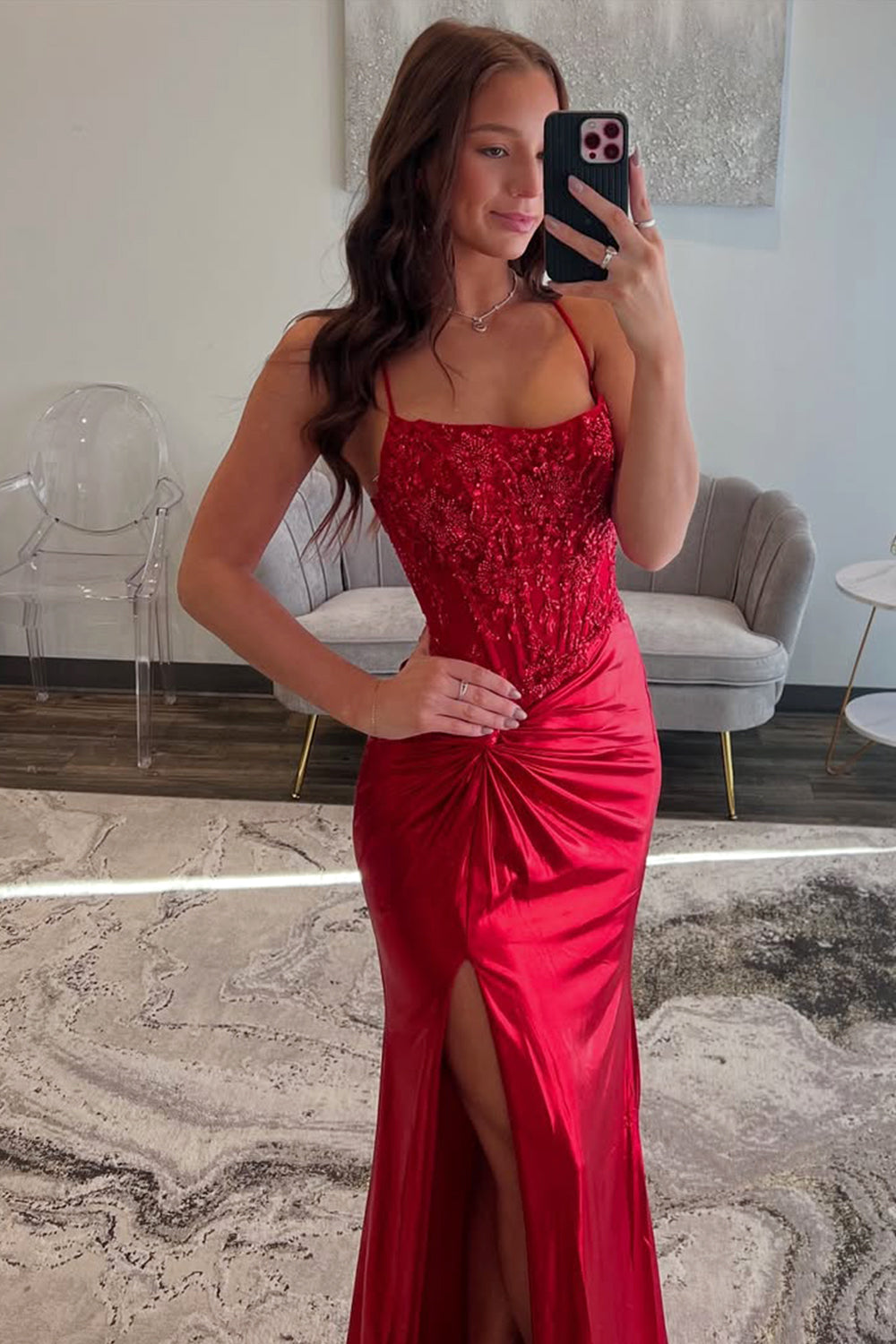 Red Spaghetti Strap Prom Dress with Lace Bodice and Crisscross Open Back