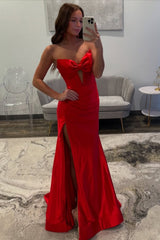 Red Strapless Bow Front Long Mermaid Prom Dress with High Slit