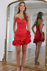 Red Strapless Ruched Bodycon Homecoming Dress with 3D Flower Detail