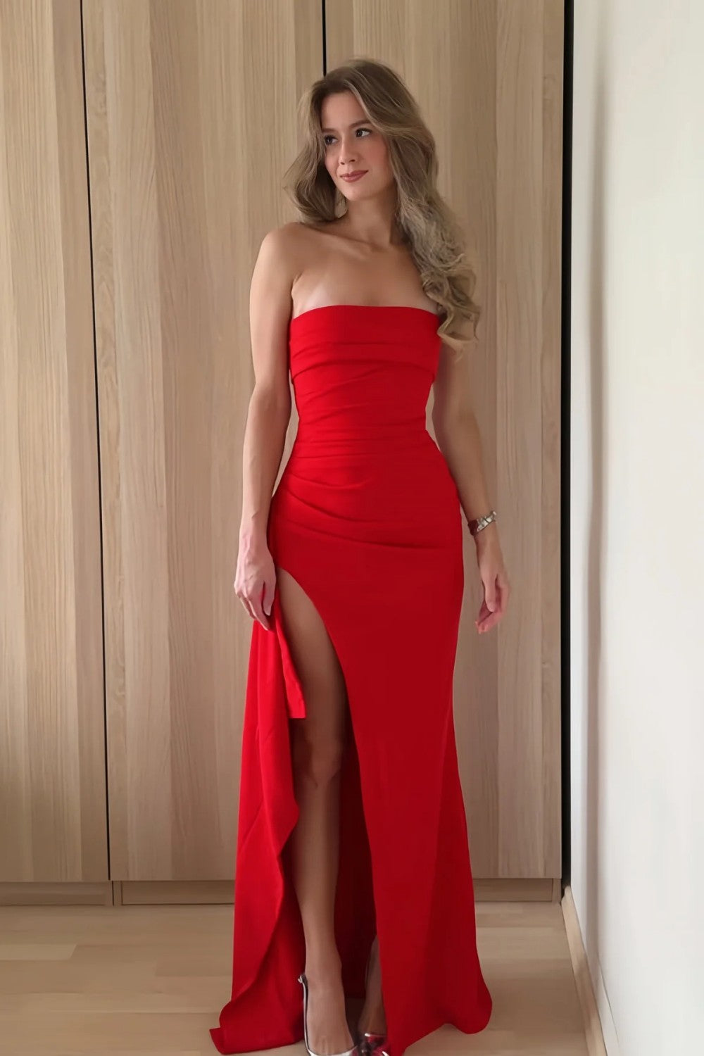 Red Strapless Ruched Strapless Long Mermaid Prom Dress with High Slit