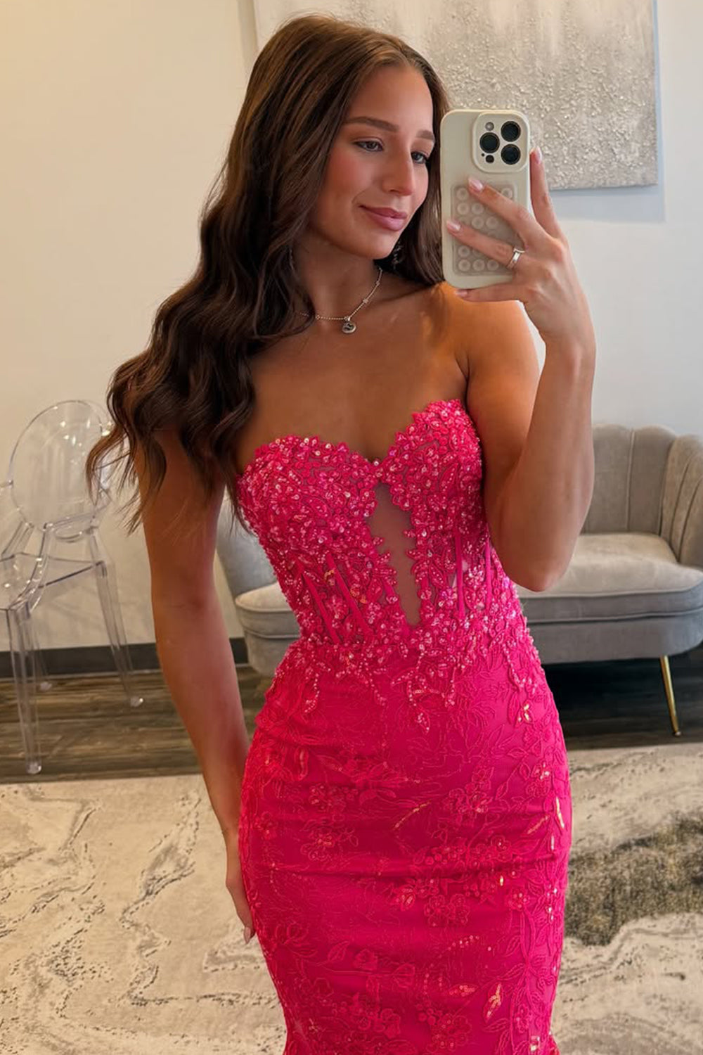 Fuchsia Strapless Sweetheart Prom Dress with Beaded Lace and Sheer V-Detail