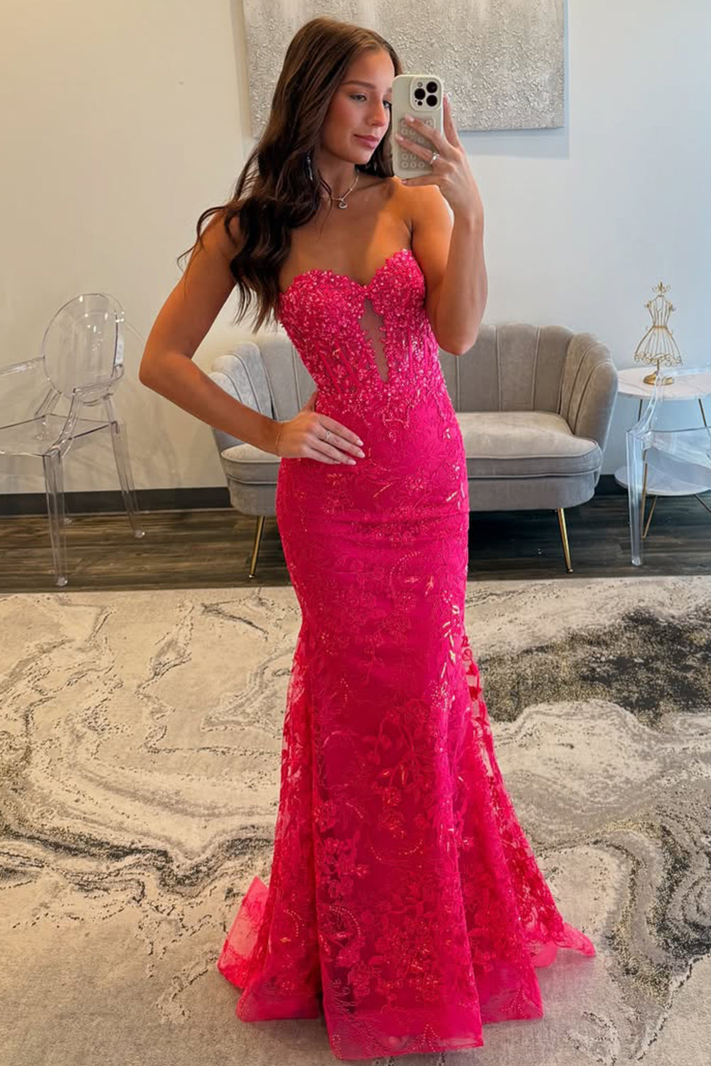 Furlla Women Fuchsia Strapless Sweetheart Prom Dress with Beaded Lace and Sheer V-Detail – Furlla Official Furlla Women Fuchsia Strapless Sweetheart Prom Dress with Beaded Lace and Sheer V-Detail – Furlla Official