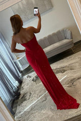 Red Sweetheart Glitter Corset Bodice Mermaid Prom Dress with Slit