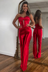 Red Sweetheart Strap Metallic Long Prom Jumpsuit with Corset Bodice