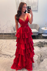 Red Tiered Ruffle A-Line Satin Prom Dress with Deep V-Neck & Cutout Waist