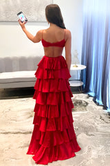 Red Tiered Ruffle A-Line Satin Prom Dress with Deep V-Neck & Cutout Waist