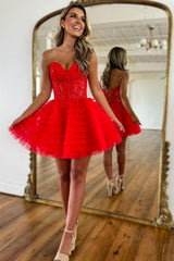 Stunning A-Line Short Tulle Dress with Sweetheart Neckline and Lace Up Back Homecoming Dress