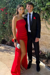 Red Strapless Ruched Strapless Long Mermaid Prom Dress with High Slit