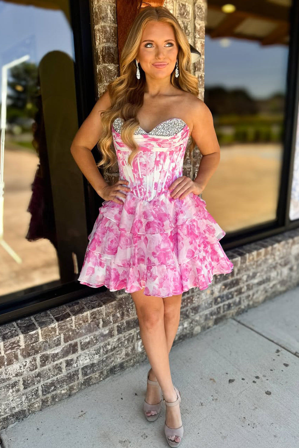 Romantic A-Line Sweetheart Tiered Print Chiffon Homecoming Dress with Beading