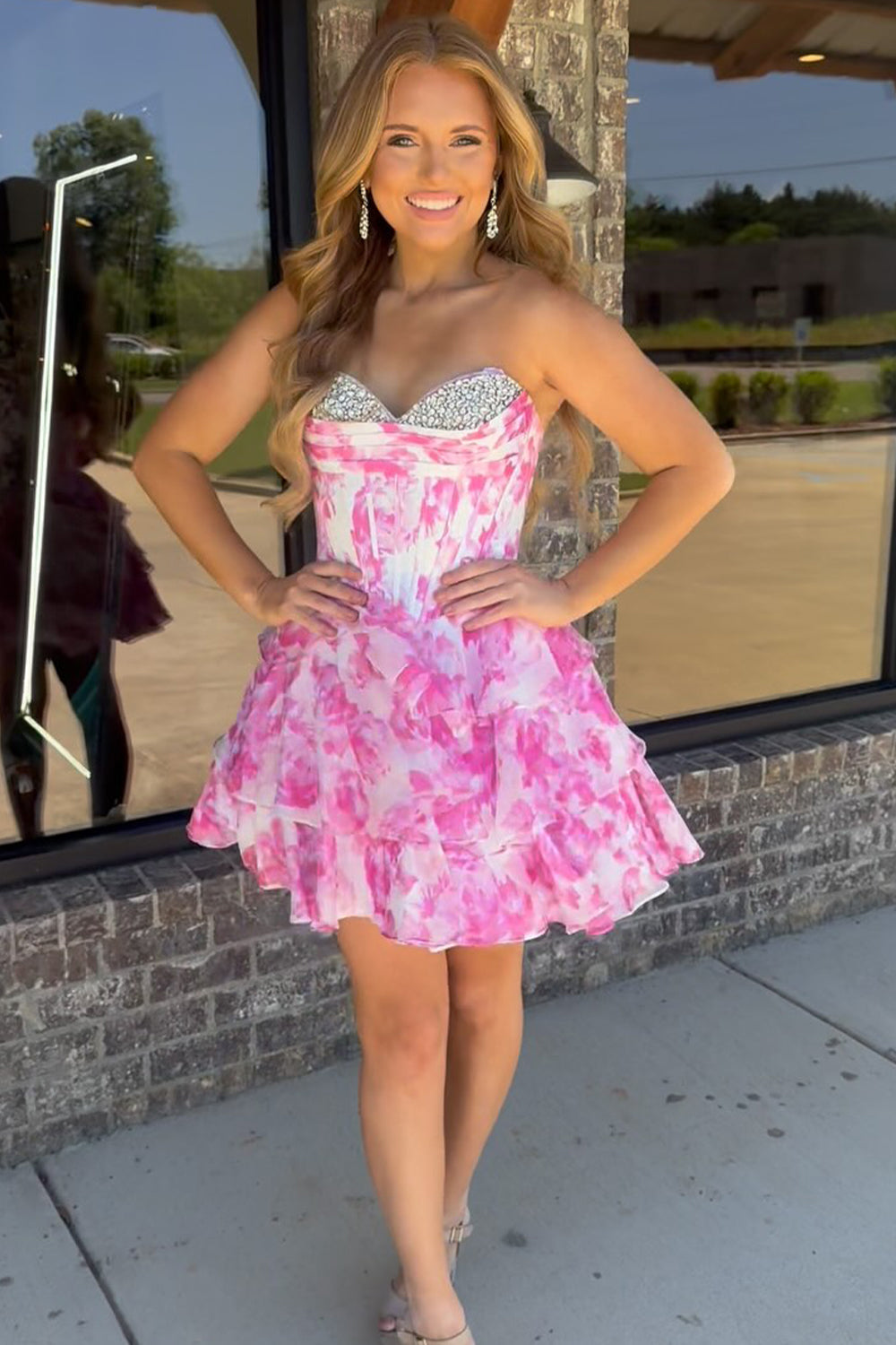 Romantic A-Line Sweetheart Tiered Print Chiffon Homecoming Dress with Beading