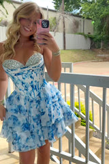 Romantic A-Line Sweetheart Tiered Print Chiffon Homecoming Dress with Beading