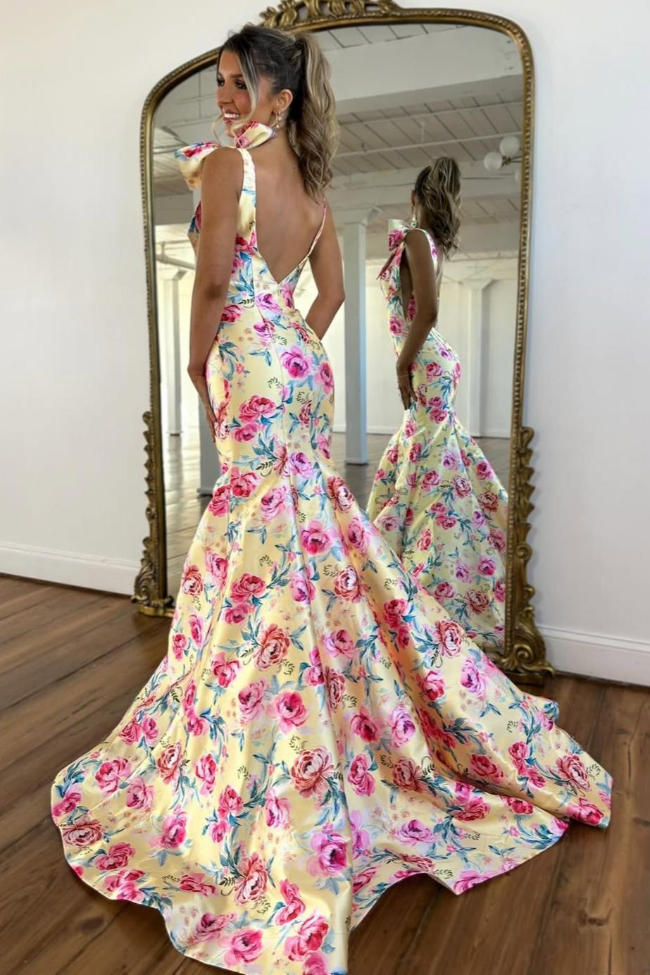 bloom prom dresses Long Blue and White Floral-Print Prom Dress with Beads White/Royal / 18