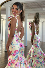 Romantic Bloom Mermaid Prom Dress with Bow Shoulders & Open Back