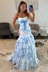 Romantic Blue Floral Corset Mermaid Prom Gwn with Layered Ruffle Hem