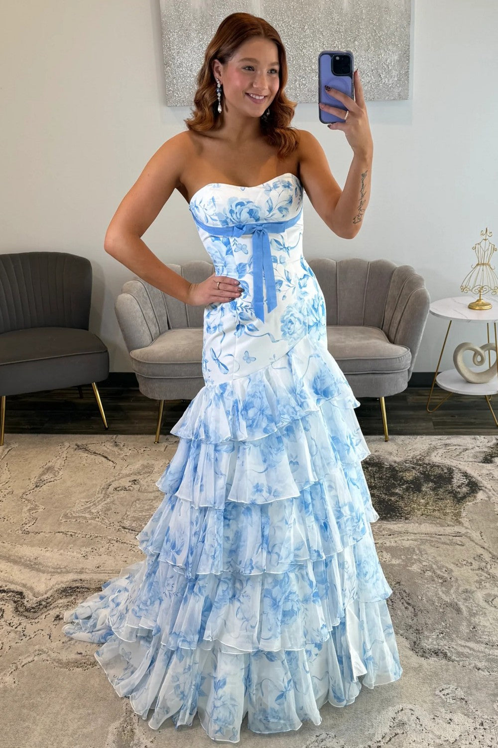 Romantic Blue Floral Corset Mermaid Prom Gwn with Layered Ruffle Hem