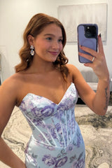 Romantic Blue Floral Sweetheart Corset Prom Gown With Ruffle Slit