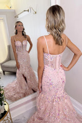 Romantic Blush Pink Floral Appliqué Corset Mermaid Prom Dress with Slit
