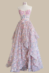 Romantic Blush Pink Floral Lace-Up Corset Prom Dress with Layered A-Line Skirt