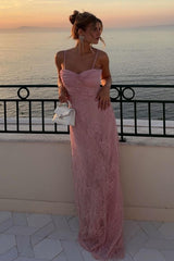 Romantic Blush Pink Lace Spaghetti Straps Prom Dress with Ruched Bodice