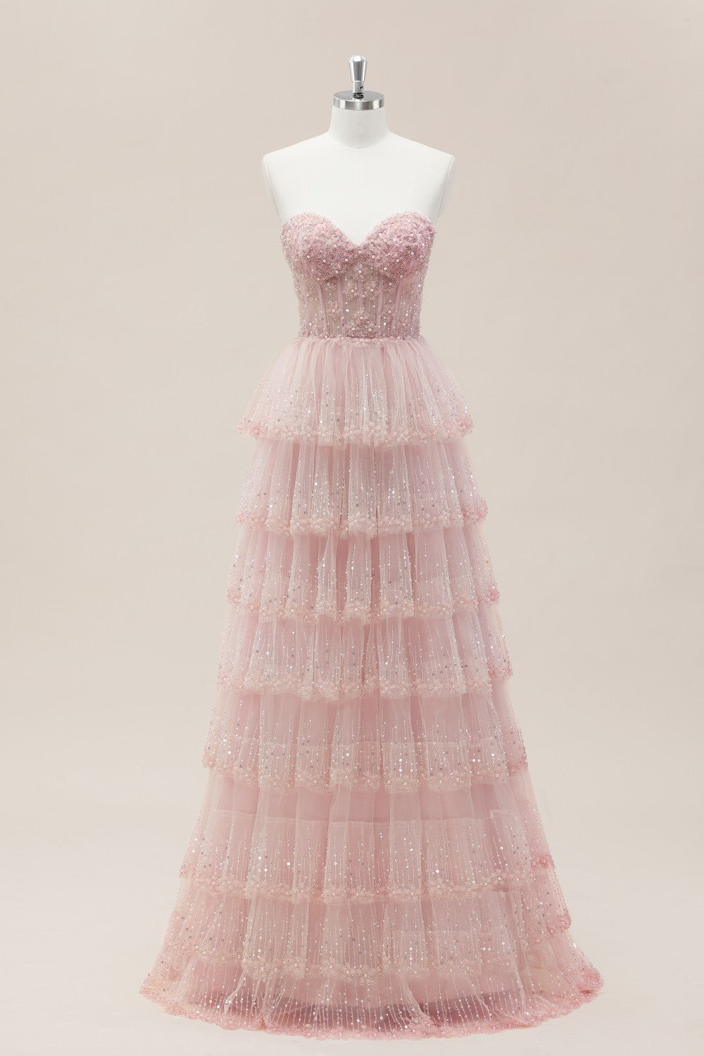 Romantic Blush Pink Sweetheart Gown with Corset Bodice and Sparkle Tiered Skirt