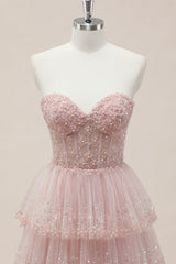 Romantic Blush Pink Sweetheart Gown with Corset Bodice and Sparkle Tiered Skirt