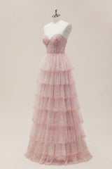 Romantic Blush Pink Sweetheart Gown with Corset Bodice and Sparkle Tiered Skirt