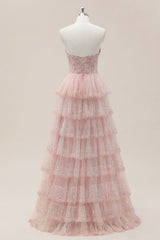 Romantic Blush Pink Sweetheart Gown with Corset Bodice and Sparkle Tiered Skirt