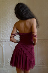 Romantic Burgundy Off Shoulder Mini Dress with Tiered Ruffle Skirt