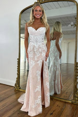 Romantic Floral Lace Mermaid Sweetheart Corset Prom Gown with High Slit
