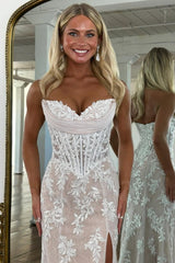 Romantic Floral Lace Mermaid Sweetheart Corset Prom Gown with High Slit