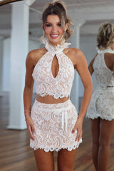 Romantic Floral Lace Two-Piece Homecoming Dress with High Neck and Mini Skirt