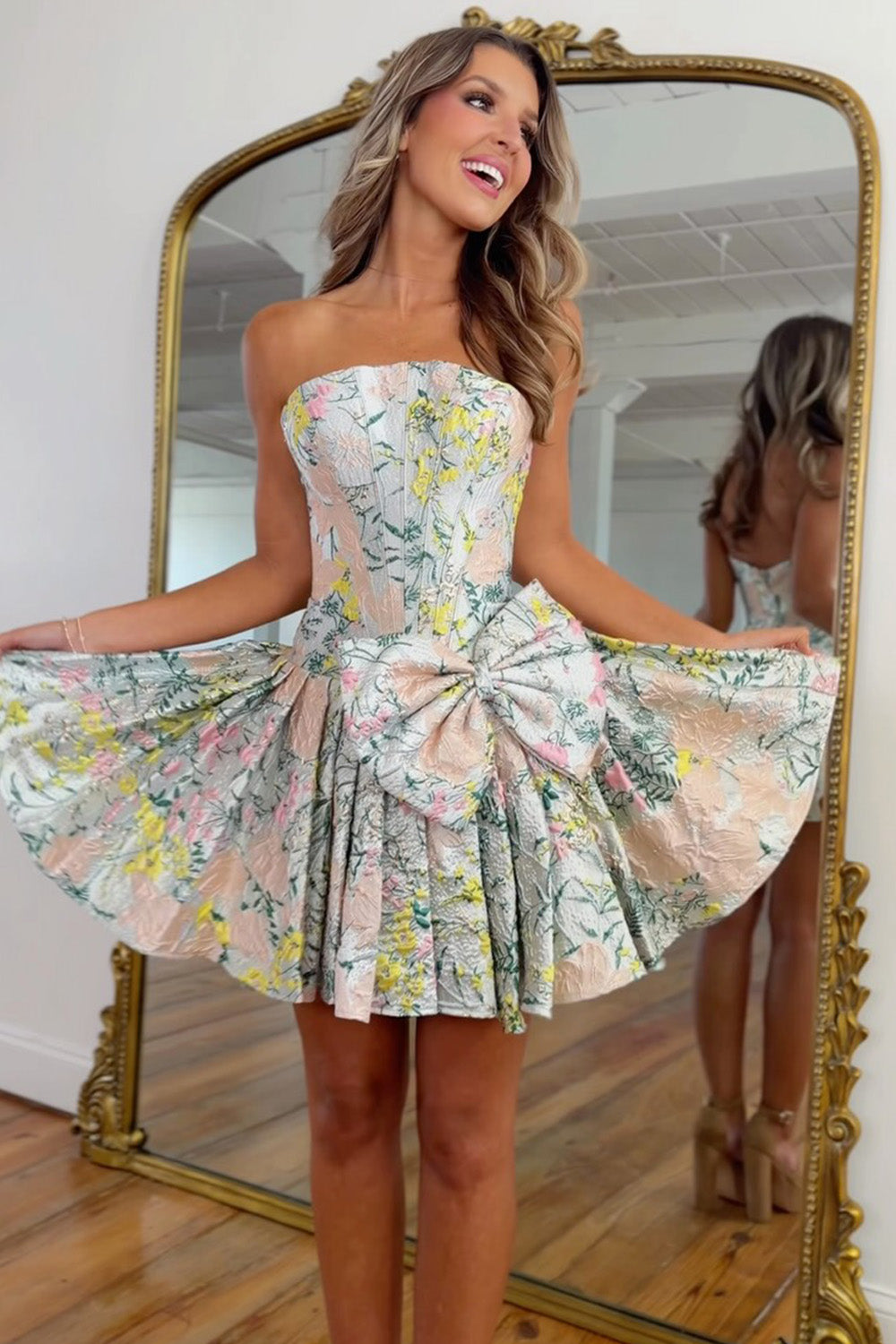 Romantic Floral Strapless Mini Homecoming Dress with Structured Corset Bodice