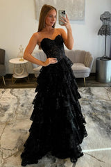 Romantic Lace Sweetheart Corset Ruffle Prom Gown with High Slit