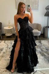 Romantic Lace Sweetheart Corset Ruffle Prom Gown with High Slit