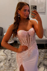 Romantic Lace Sweetheart Long Satin Mermaid Prom Dress with with High Slit