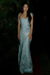 Romantic Light Blue Jacquard Mermaid Prom Dress with Tie Shoulder Straps