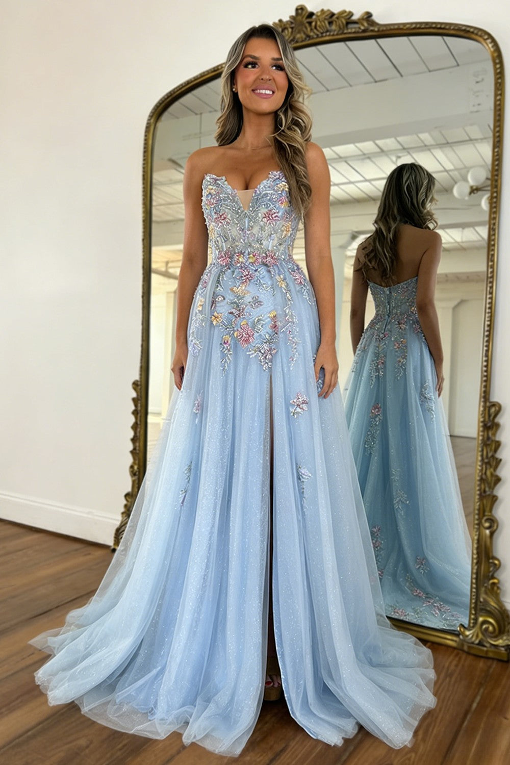 Romantic Light Blue Strapless Floral Appliqué Tulle Prom Dress with Flowing Train