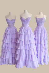 Romantic Lilac A-Line Prom Dress with Lace Bodice and Cascading Tiers