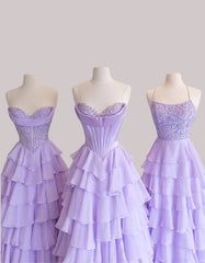 Romantic Lilac A-Line Prom Dress with Lace Bodice and Cascading Tiers