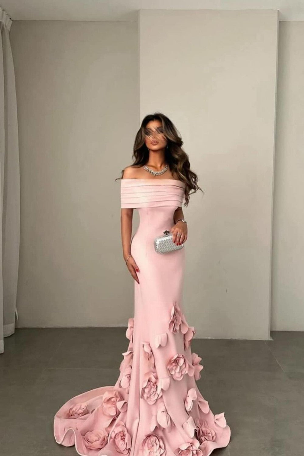 Romantic Off-Shoulder Pink Mermaid Prom Dress with Floral Train