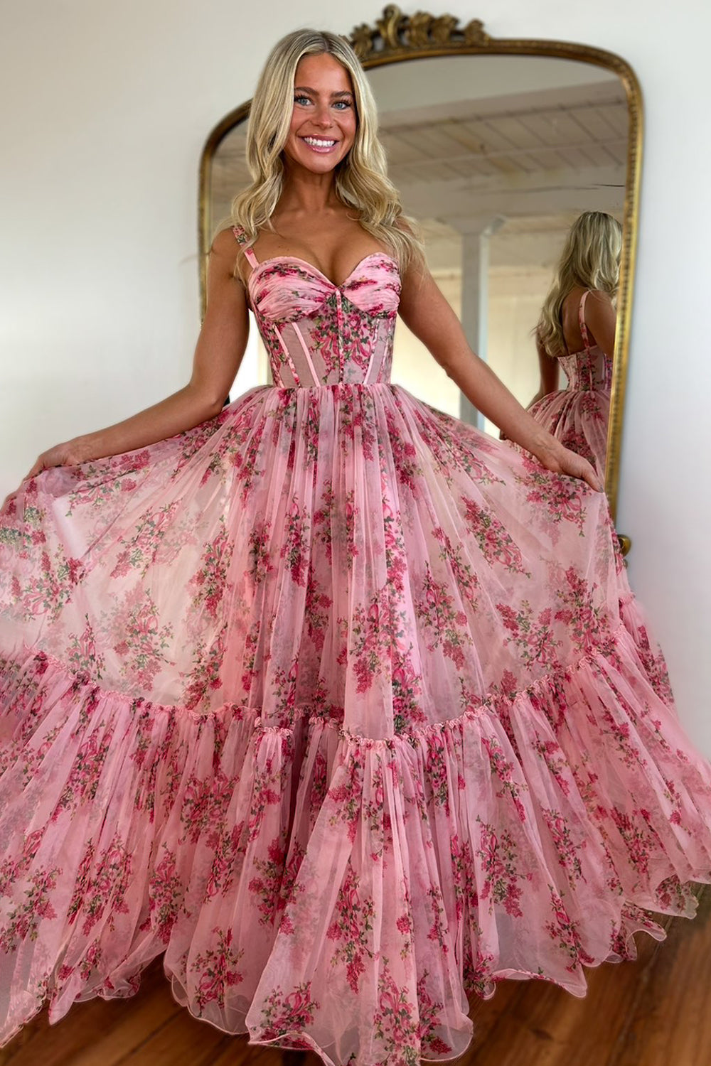 Pink Romantic A-Line Straps Zipper Back Long Print Tulle Prom Party Dress