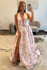 Romantic Pink Floral Halter Neck Prom Dress with Deep V Neck and Slit