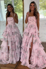 Romantic Pink Floral Square Neck Backless Tiered Ruffle Prom Dress with Slit