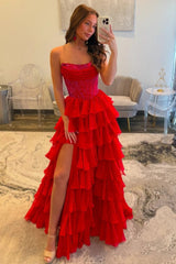 Romantic Red Strapless Tiered Ruffle Prom Dress with Corset Bodice and High Slit